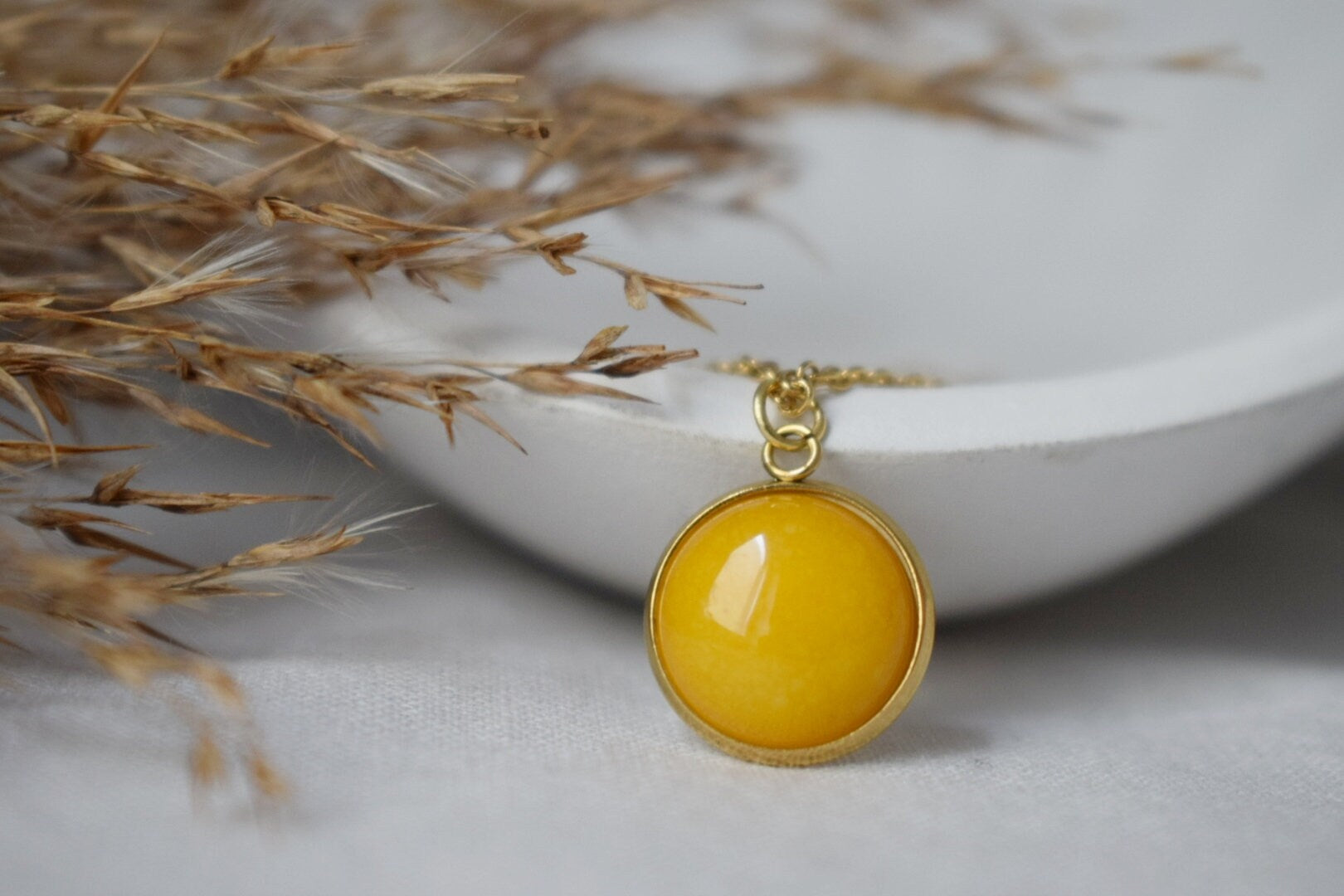 Yellow Jade Pendant Necklace: 18k Gold Plated Stainless Steel Jewelry