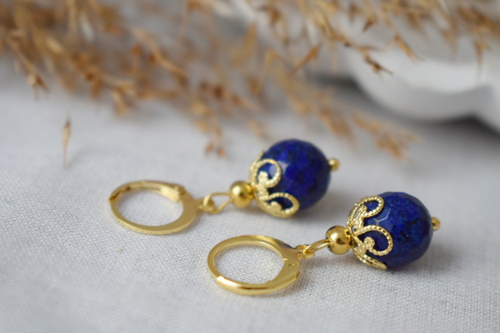 Lapis Lazuli Hoop Earrings: 24K Gold Plated Huggies, September Birthstone