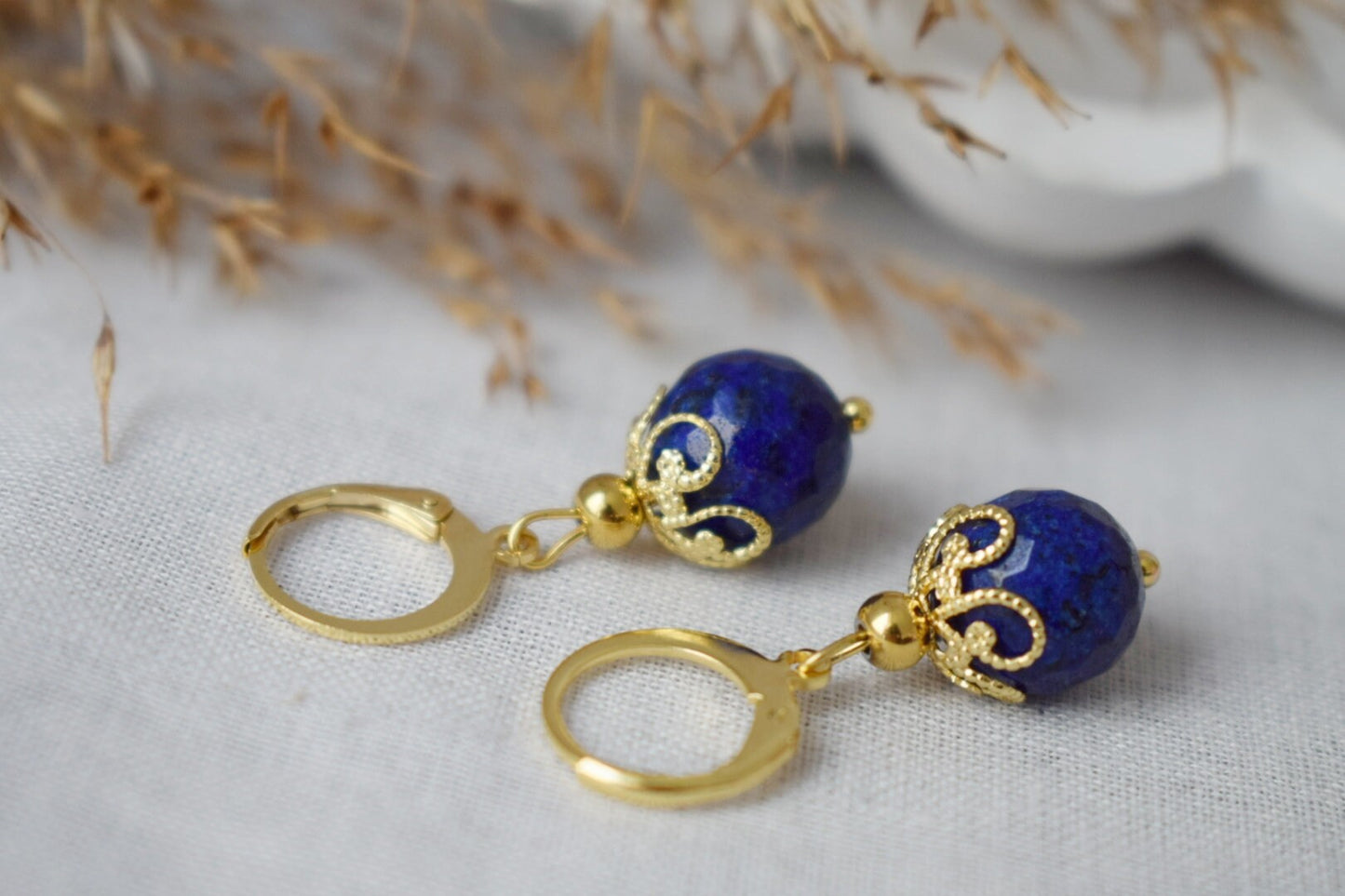 Lapis Lazuli Hoop Earrings: 24K Gold Plated Huggies, September Birthstone