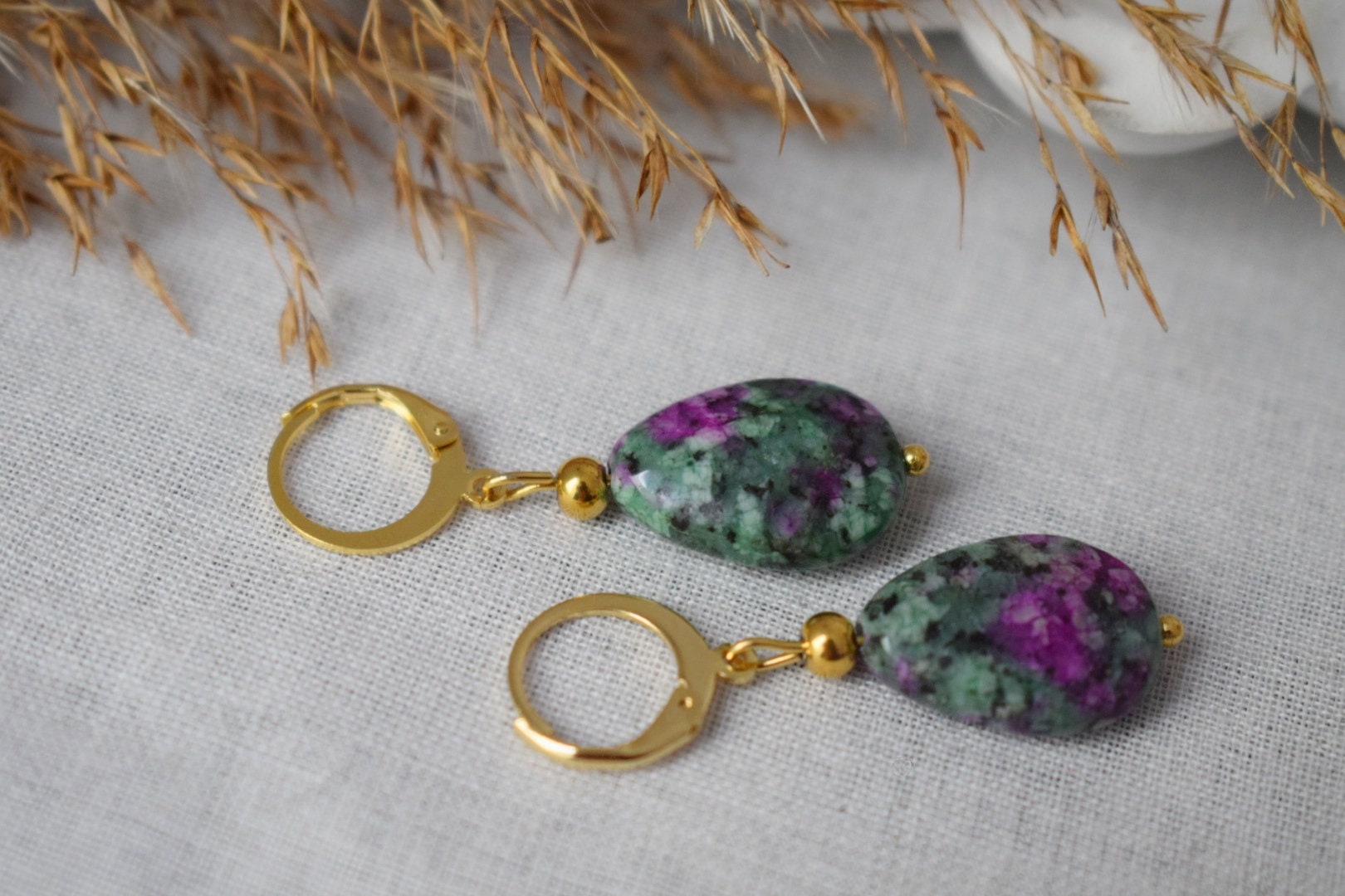 Ruby In Zoisite Earrings, Teardrop beaded Huggies, Dangle gemstone Jewelry