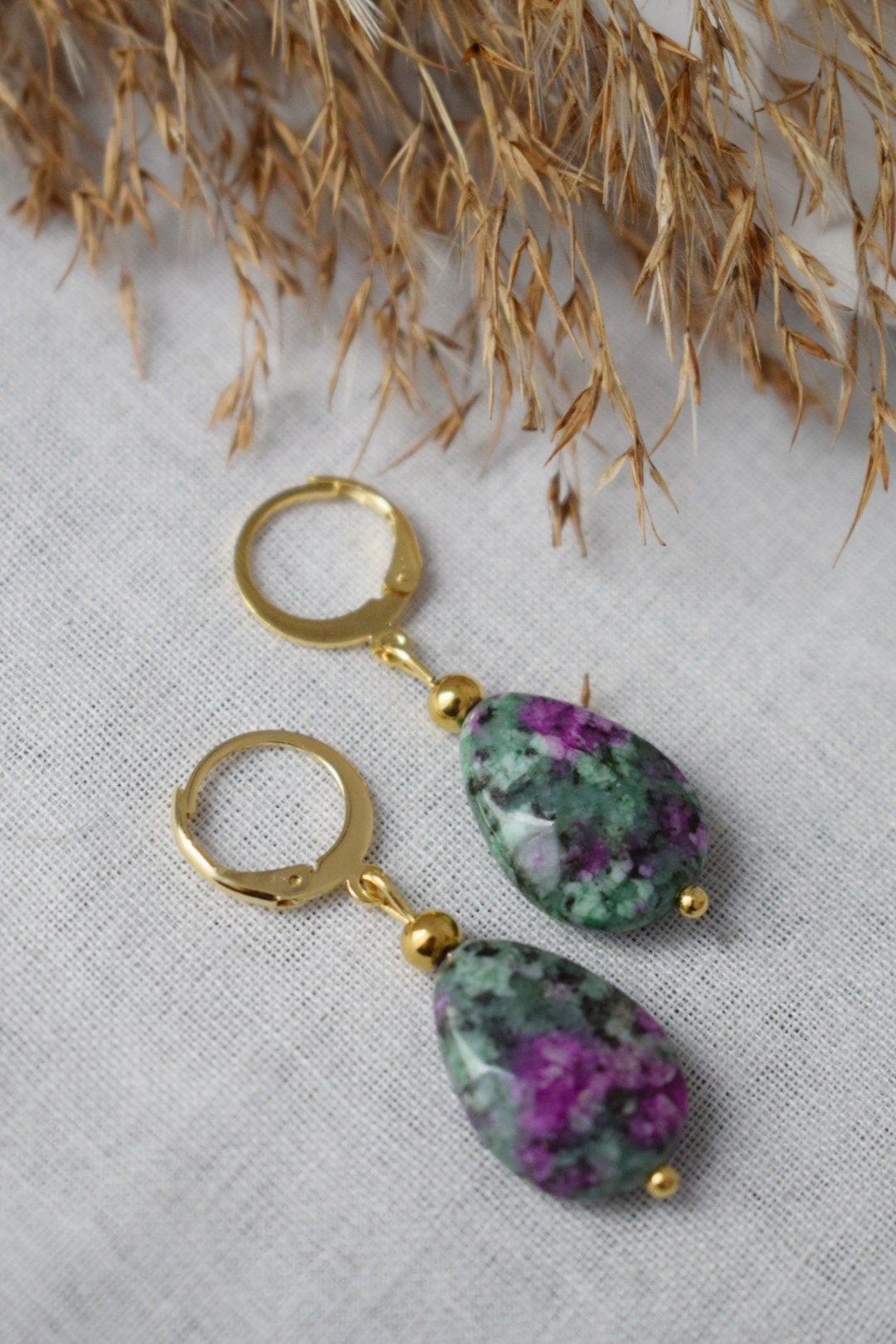 Ruby In Zoisite Earrings, Teardrop beaded Huggies, Dangle gemstone Jewelry