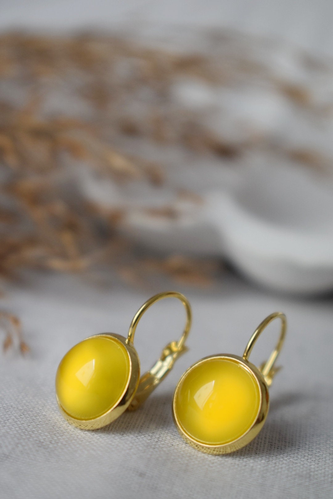 Yellow agate earrings, Gemstone dangle jewelry gift
