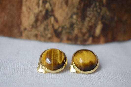Tiger Eye Clip On Earrings: Gold Plated Non Pierced Jewelry