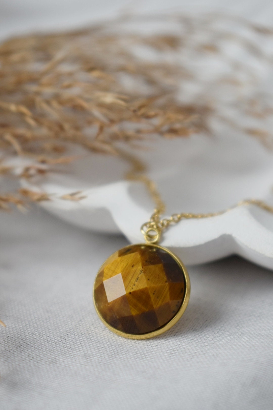Faceted Tiger Eye Necklace: 18k Gold Plated Stainless Steel Jewelry