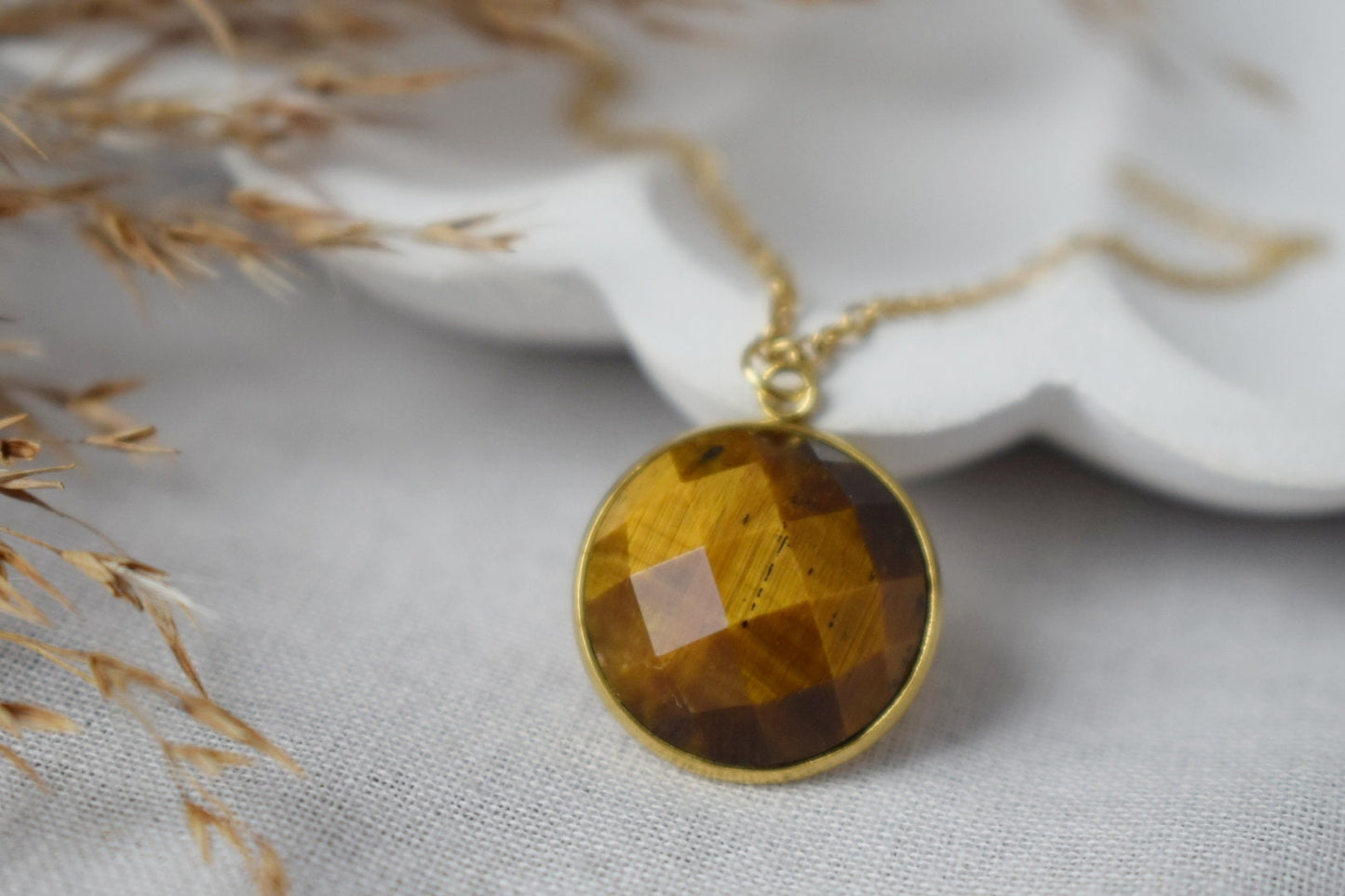 Faceted Tiger Eye Necklace: 18k Gold Plated Stainless Steel Jewelry