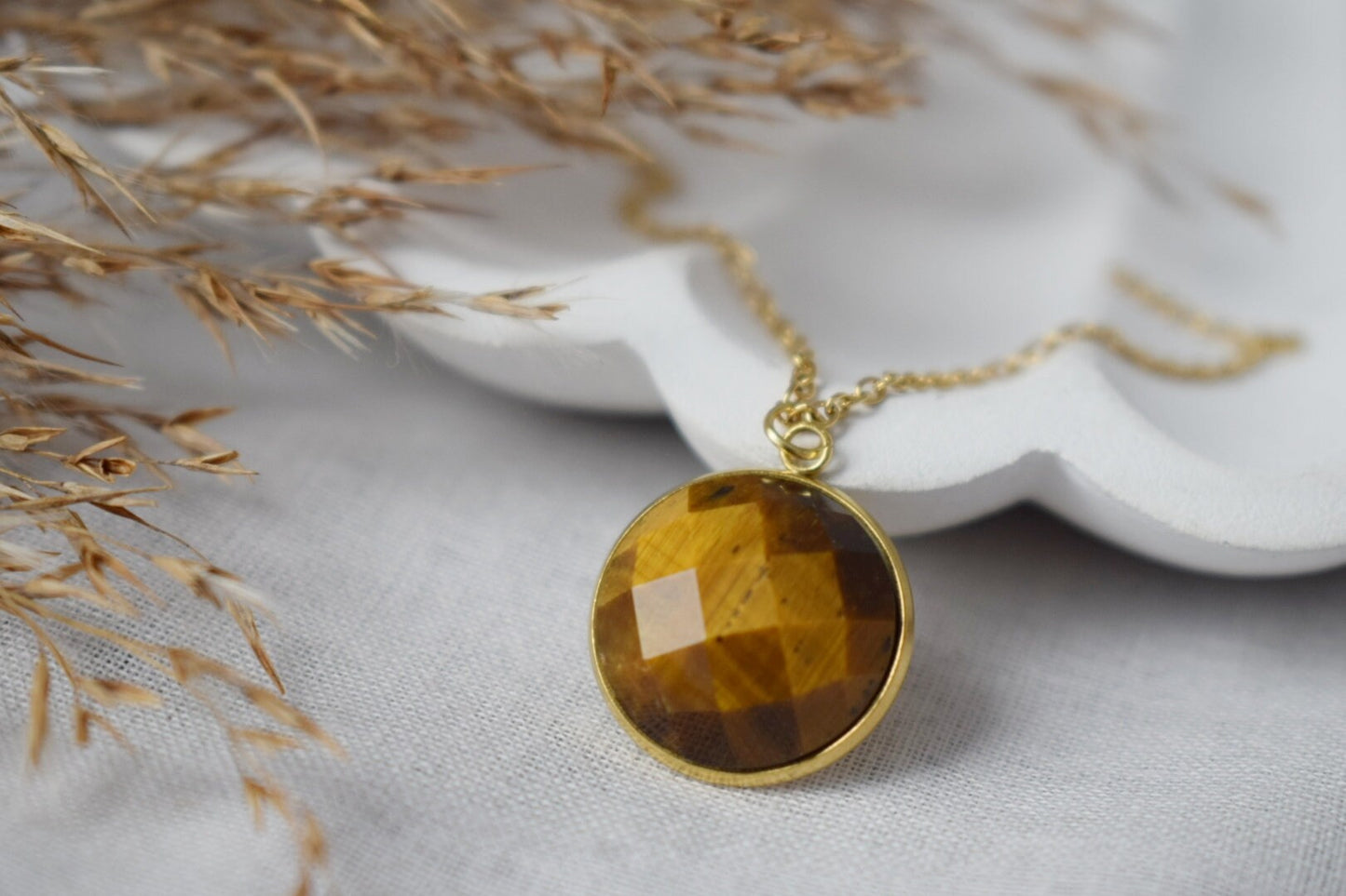 Faceted Tiger Eye Necklace: 18k Gold Plated Stainless Steel Jewelry