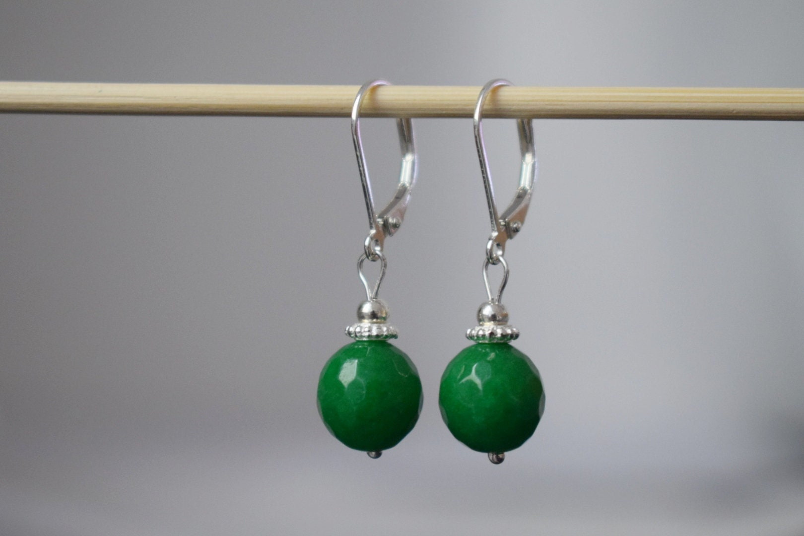 Green jade dangle earrings, 925 sterling silver gemstone jewelry, gift for her
