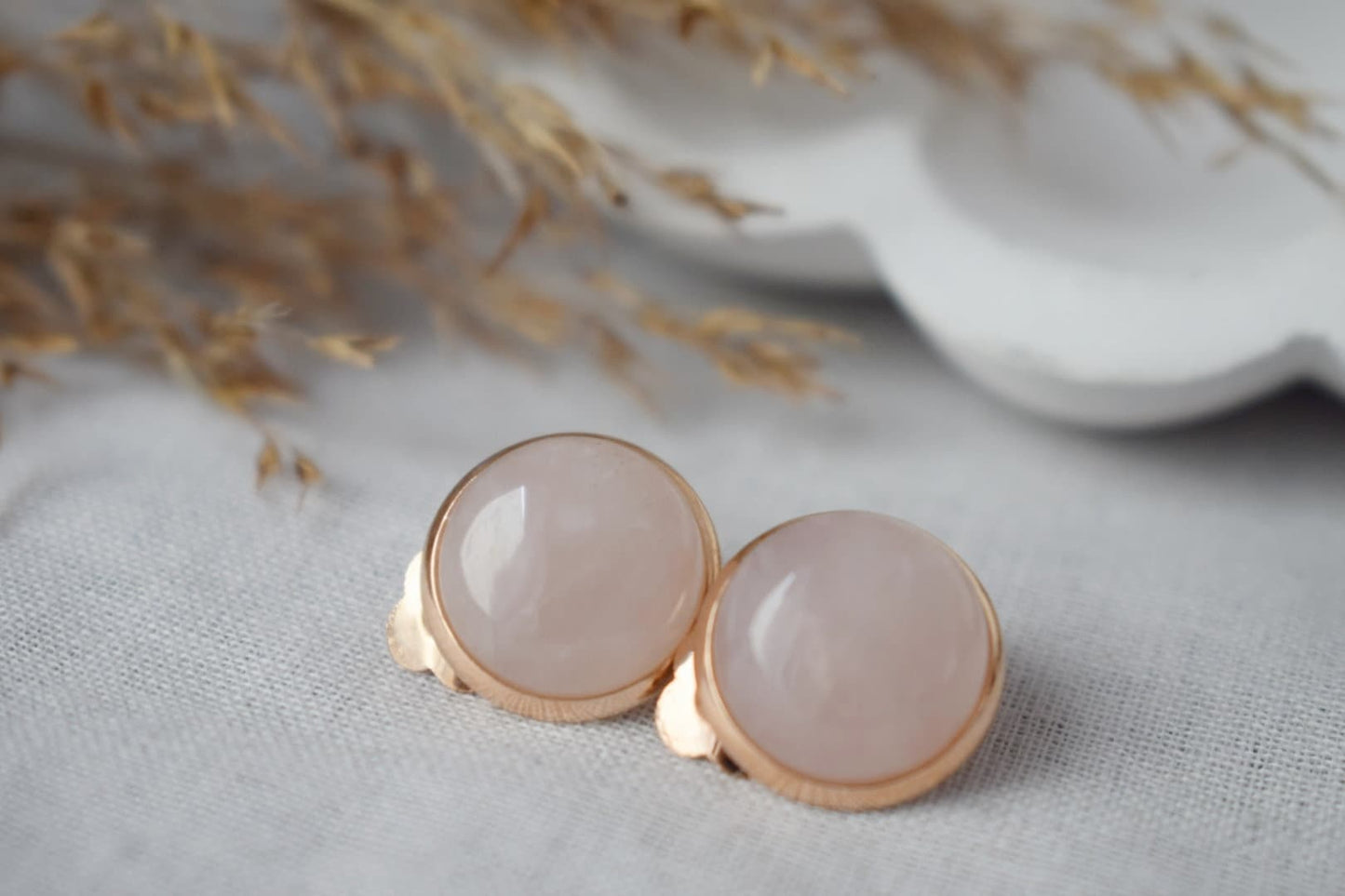 Rose Gold Clip On Earrings: Rose Quartz Gemstone, Stainless Steel Jewelry