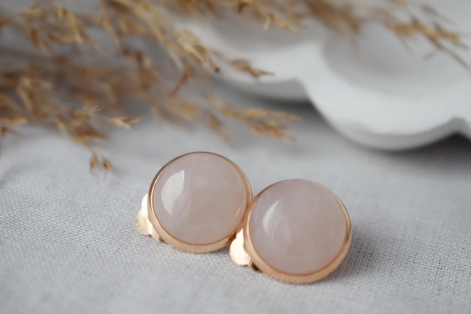 Rose Gold Clip On Earrings: Rose Quartz Gemstone, Stainless Steel Jewelry