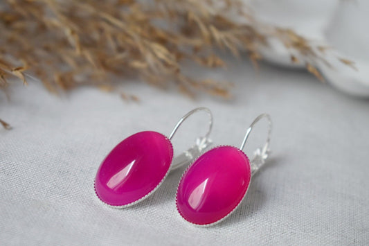 Rosa Achat Ohrringe, Ovale Edelstein Ohrringe, Rosa Leverback Ohrringe, Rosa Stein, Rosa Silber Schmuck, Achat Silber Schmuck, Geschenk für Sie