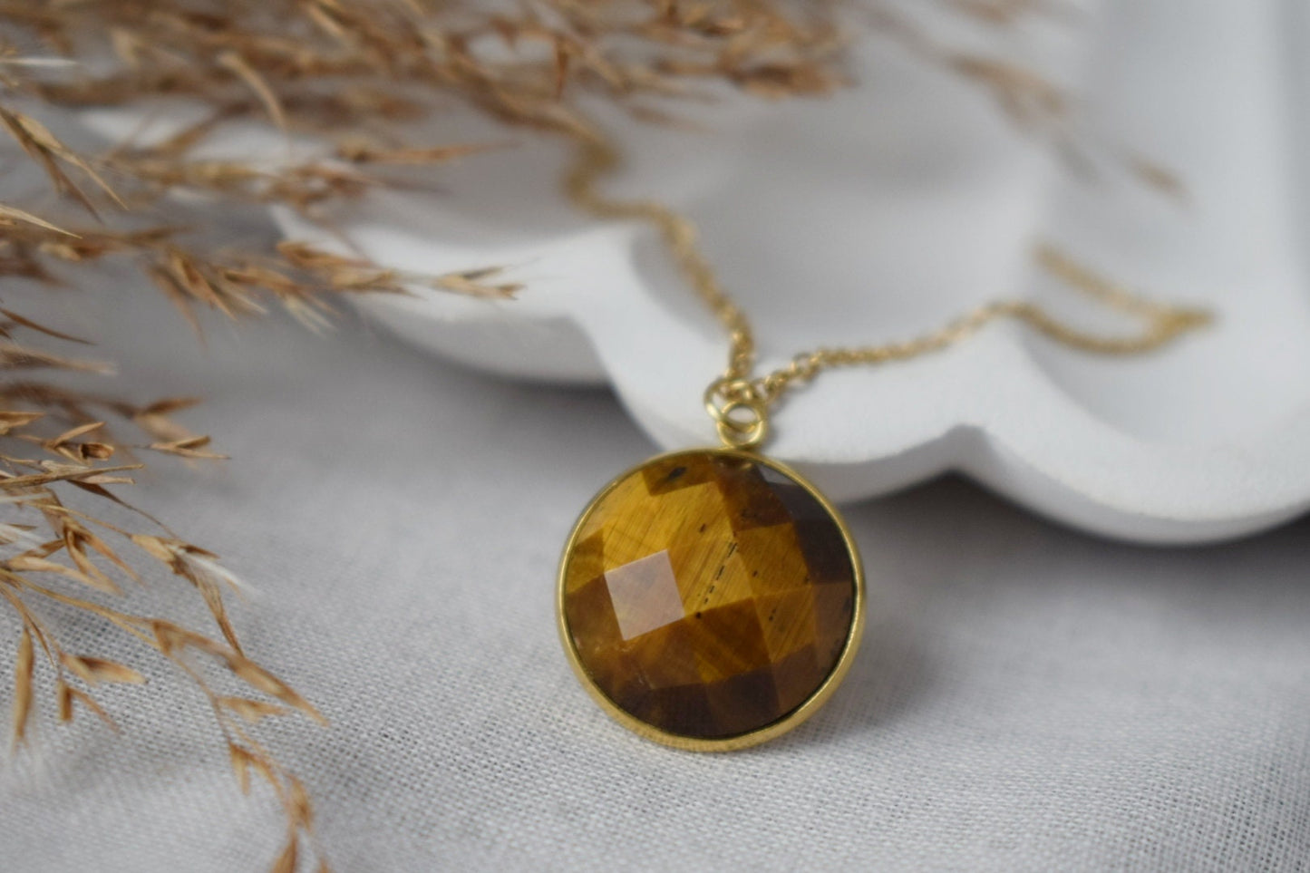 Faceted Tiger Eye Necklace: 18k Gold Plated Stainless Steel Jewelry