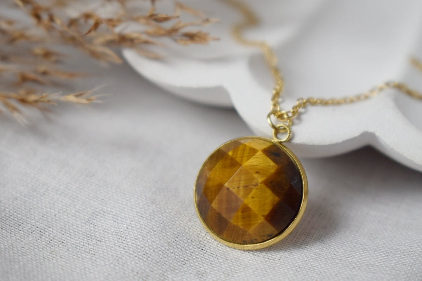 Faceted Tiger Eye Necklace: 18k Gold Plated Stainless Steel Jewelry