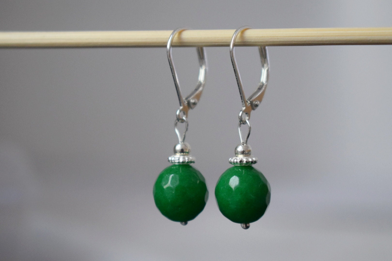 Green jade dangle earrings, 925 sterling silver gemstone jewelry, gift for her