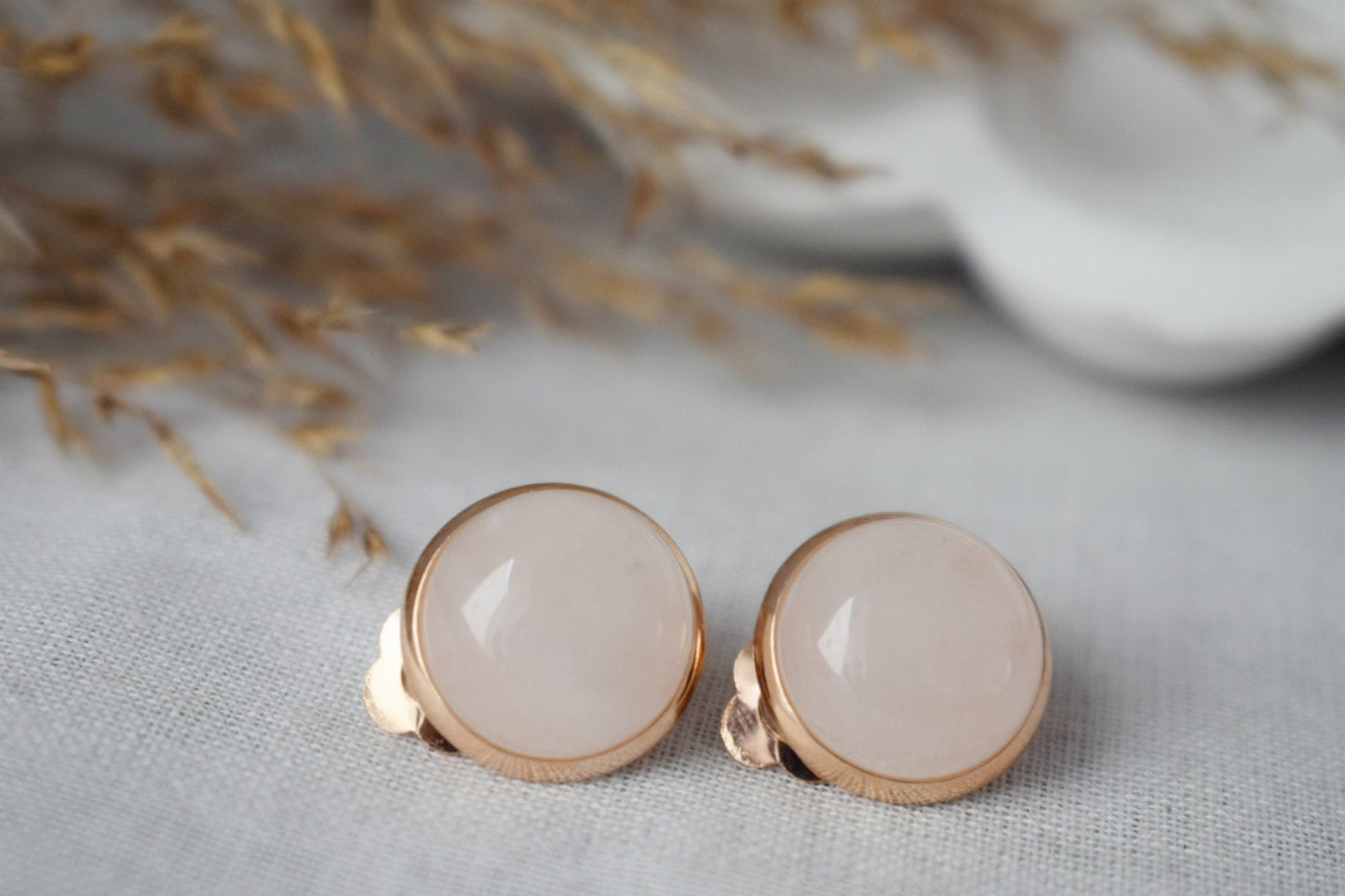 Rose Gold Clip On Earrings: Rose Quartz Gemstone, Stainless Steel Jewelry
