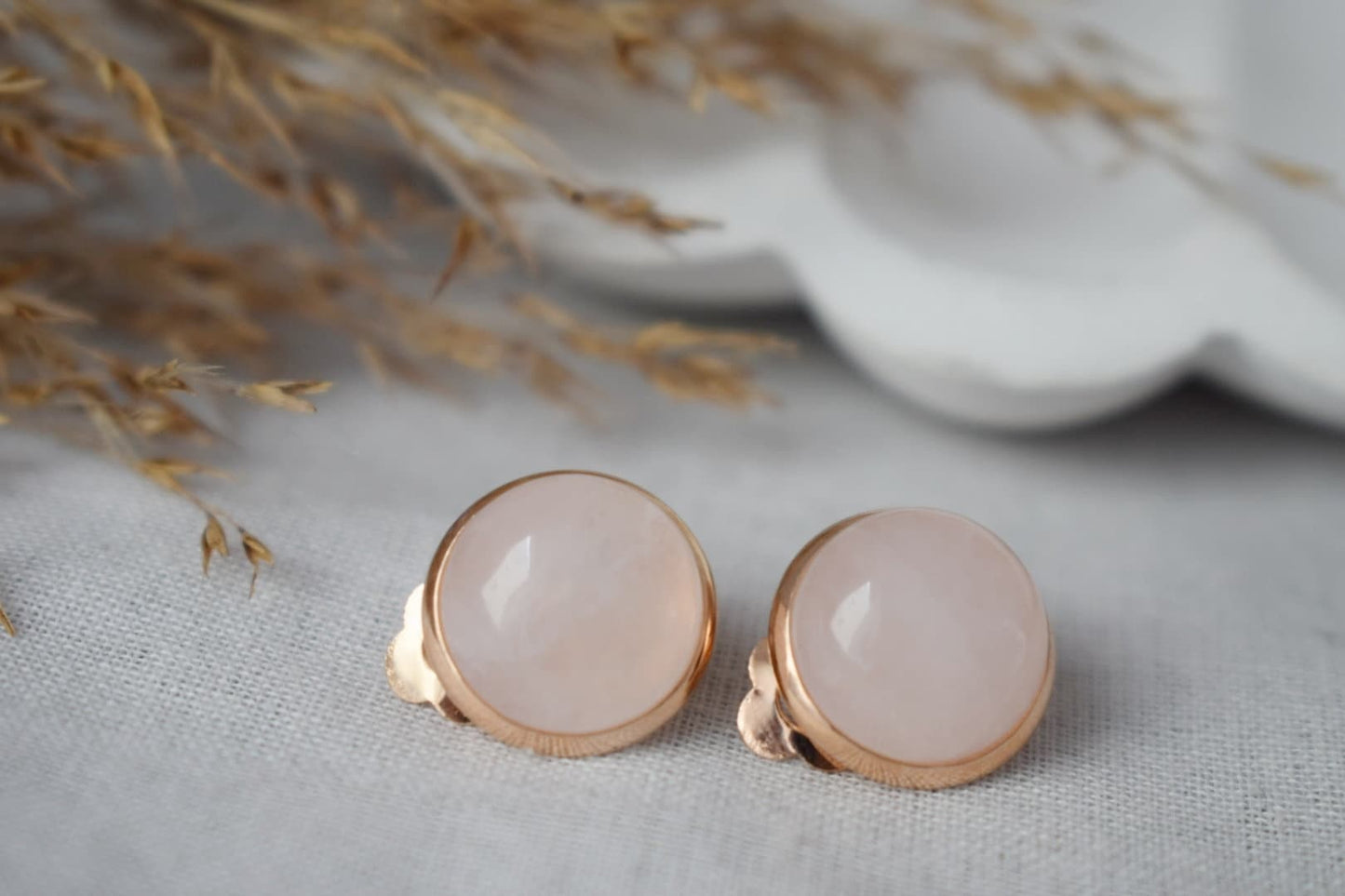 Rose Gold Clip On Earrings: Rose Quartz Gemstone, Stainless Steel Jewelry