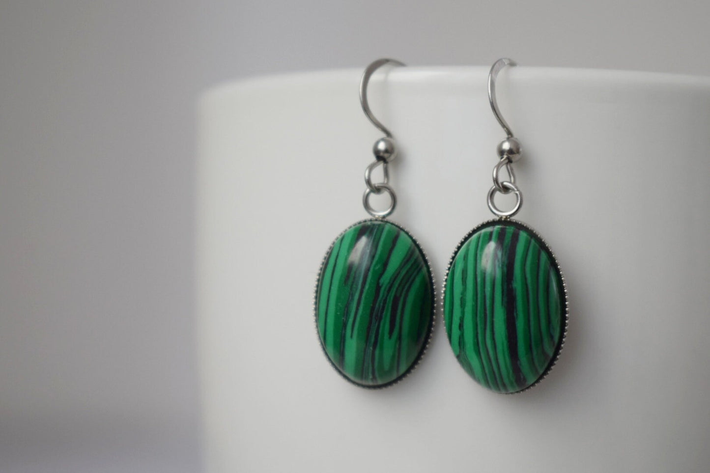 Malachite dangle earrings, Oval green gemstone pendant with stainless steel earrings hooks, Boho jewelry, Christmas gift for her