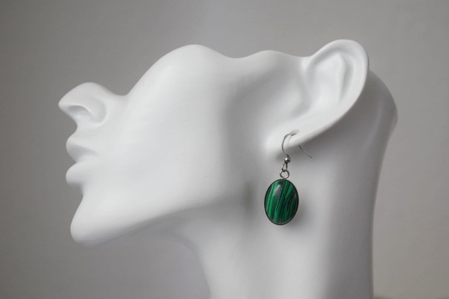 Malachite dangle earrings, Oval green gemstone pendant with stainless steel earrings hooks, Boho jewelry, Christmas gift for her