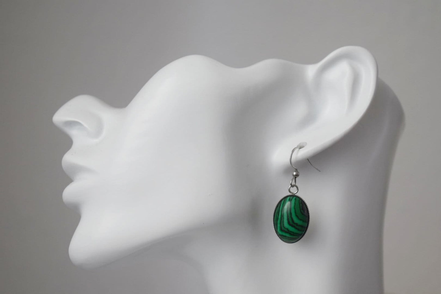 Malachite dangle earrings, Oval green gemstone pendant with stainless steel earrings hooks, Boho jewelry, Christmas gift for her