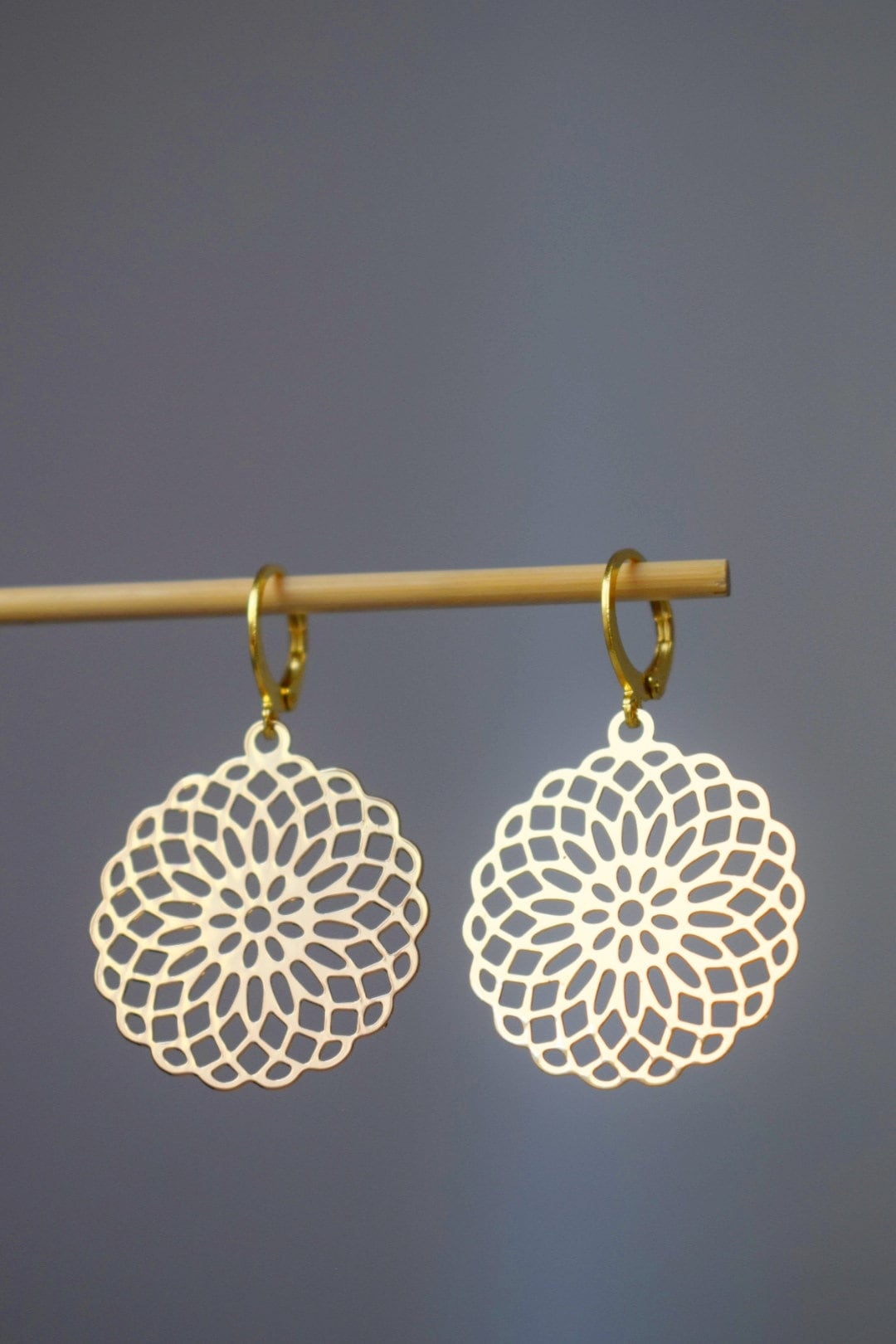 Filigree Mandala Earrings, Gold Boho Dangles jewellery