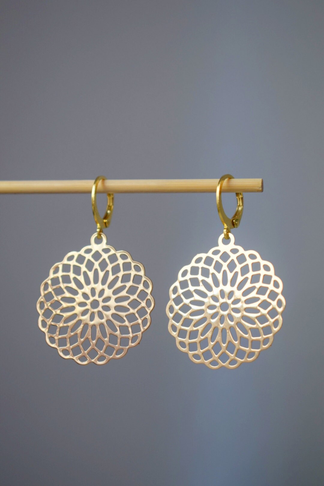 Filigree Mandala Earrings, Gold Boho Dangles jewellery