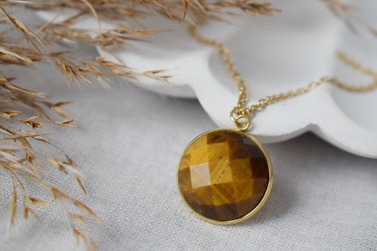 Faceted Tiger Eye Necklace: 18k Gold Plated Stainless Steel Jewelry