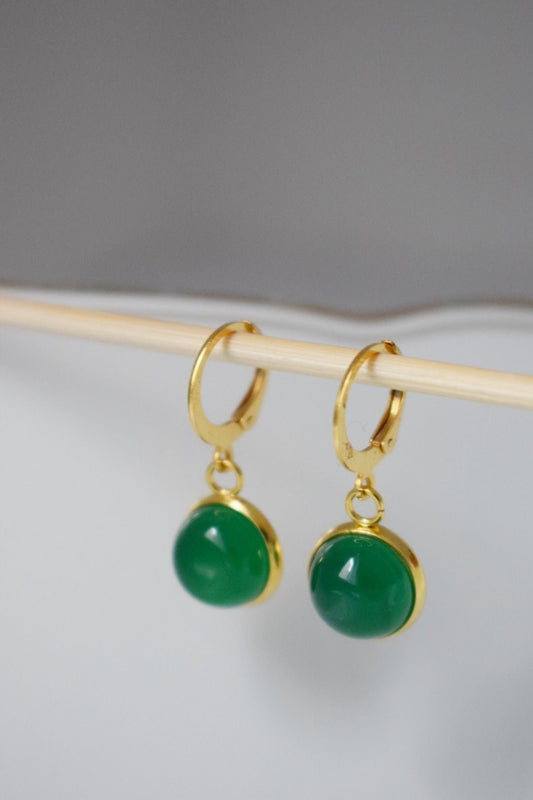 Green Agate Earrings: Gemstone 24K Gold Plated Huggie Hoops Jewelry