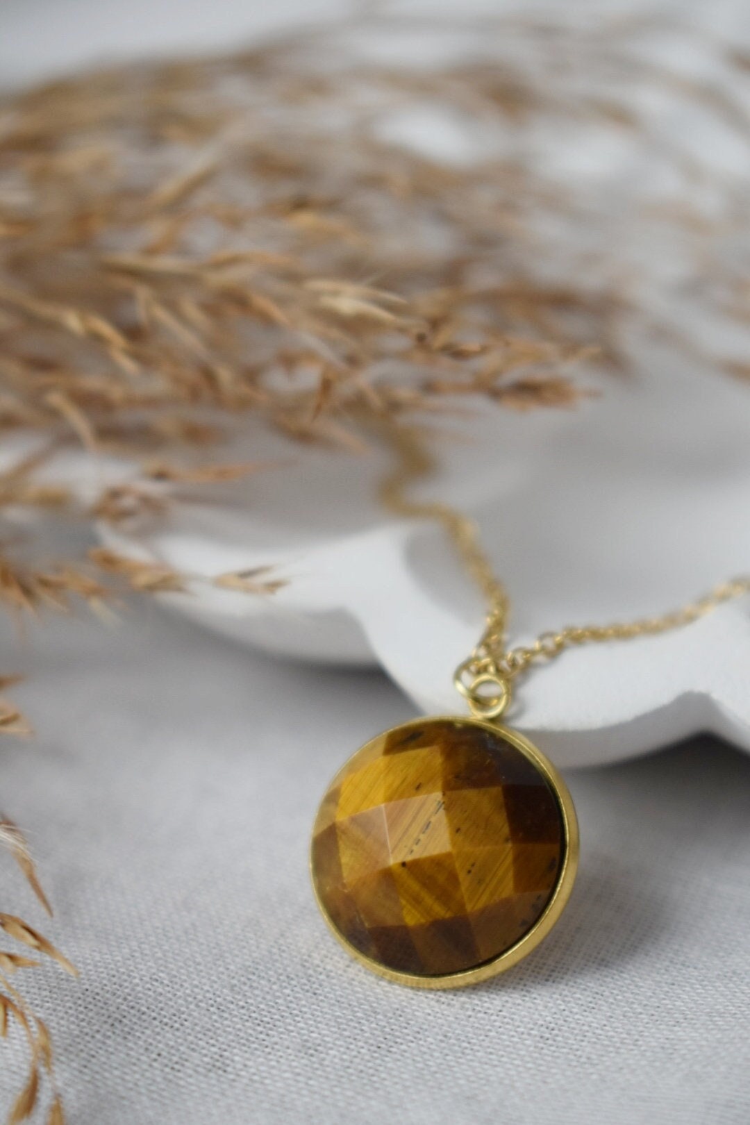 Faceted Tiger Eye Necklace: 18k Gold Plated Stainless Steel Jewelry