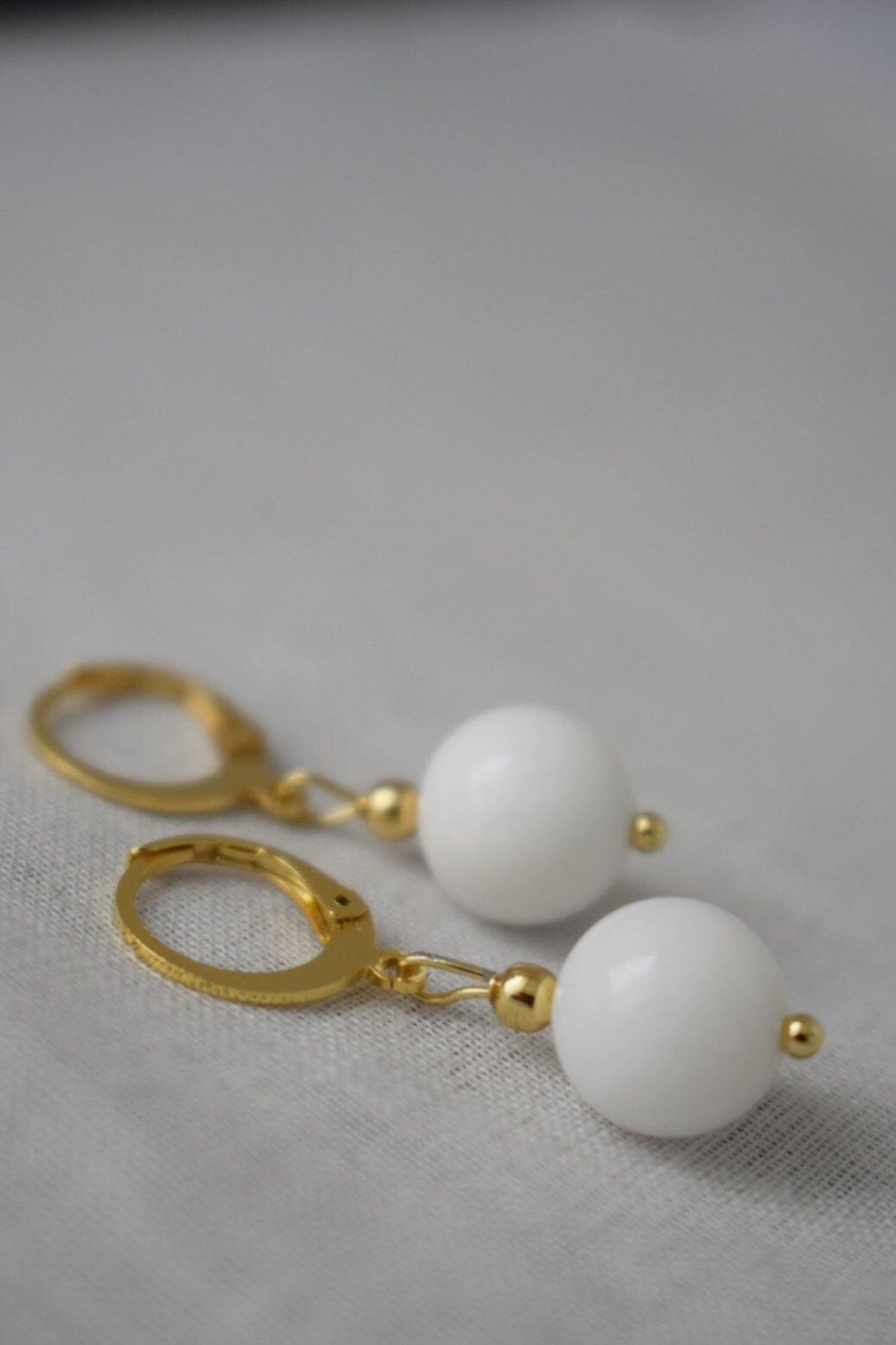 White jade earrings, gemstone golden jewelry