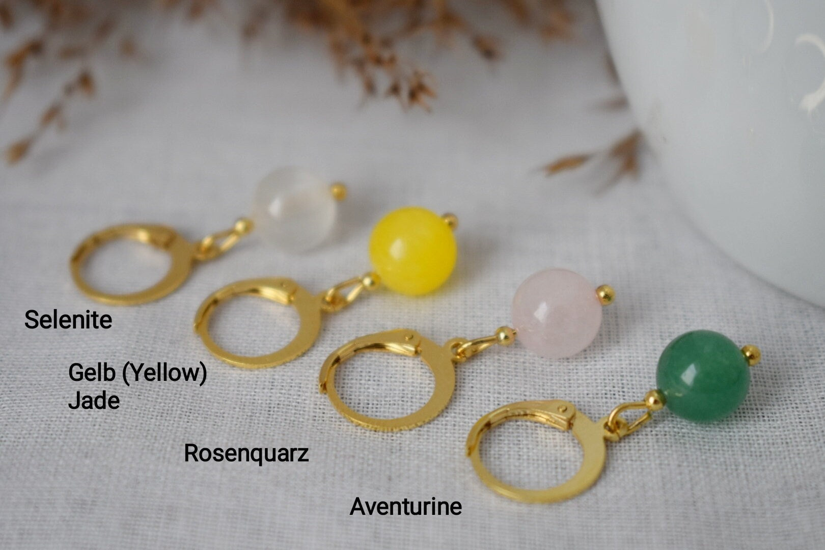 White jade earrings, gemstone golden jewelry