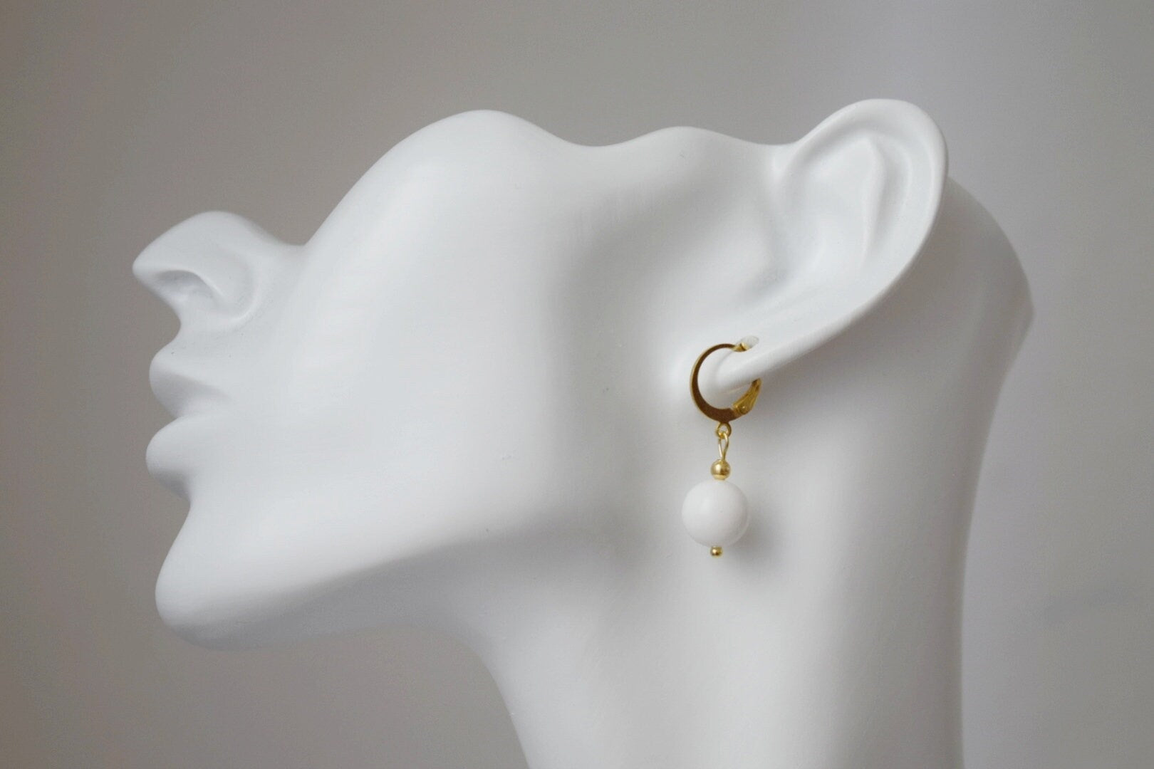 White jade earrings, gemstone golden jewelry