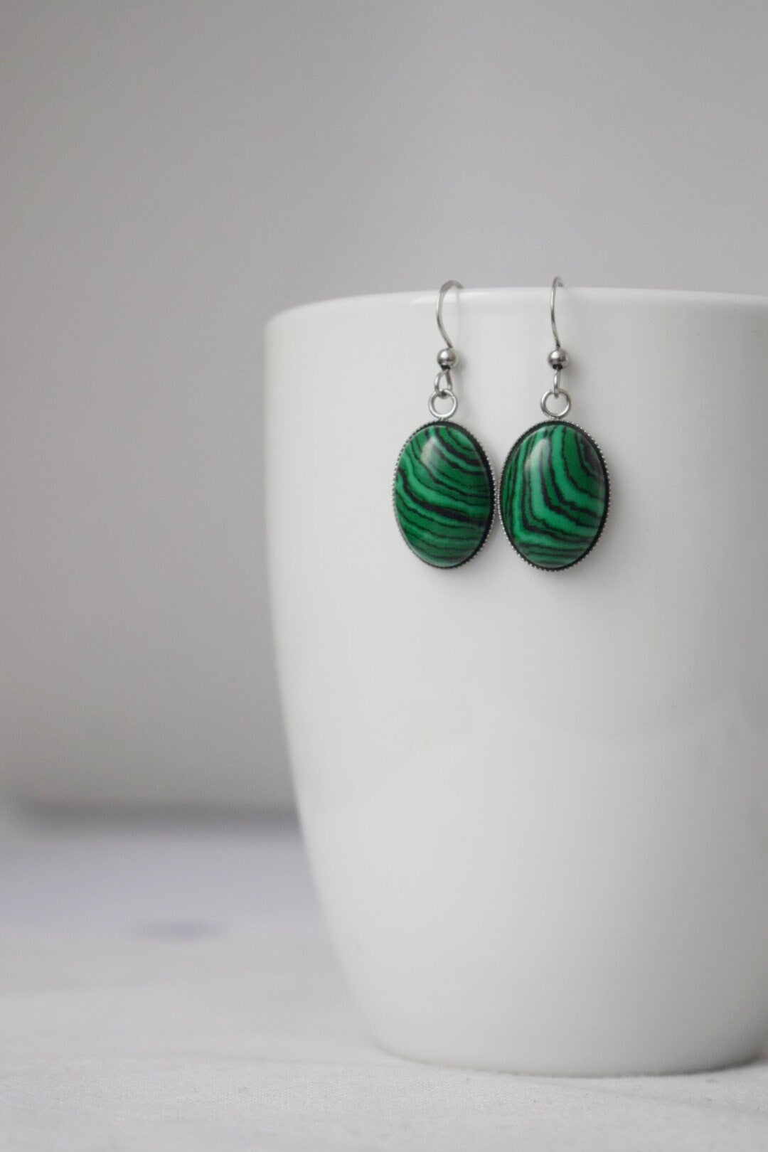 Malachite dangle earrings, Oval green gemstone pendant with stainless steel earrings hooks, Boho jewelry, Christmas gift for her