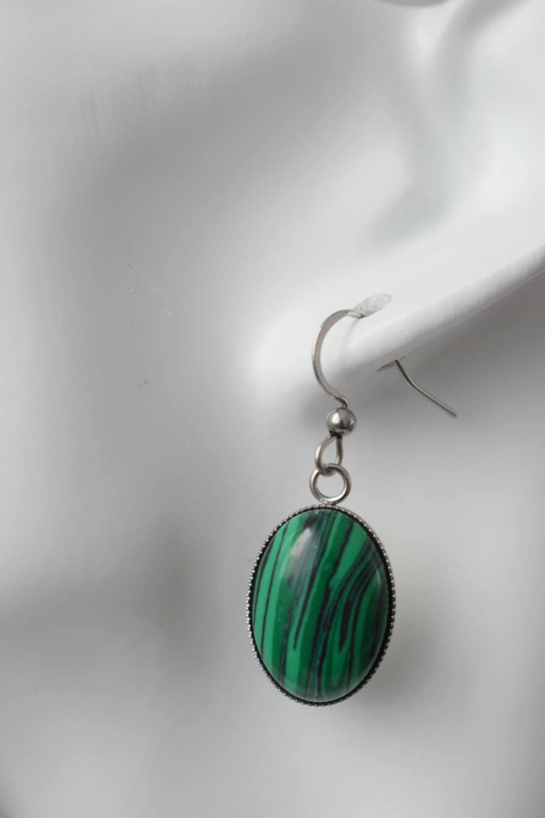 Malachite dangle earrings, Oval green gemstone pendant with stainless steel earrings hooks, Boho jewelry, Christmas gift for her