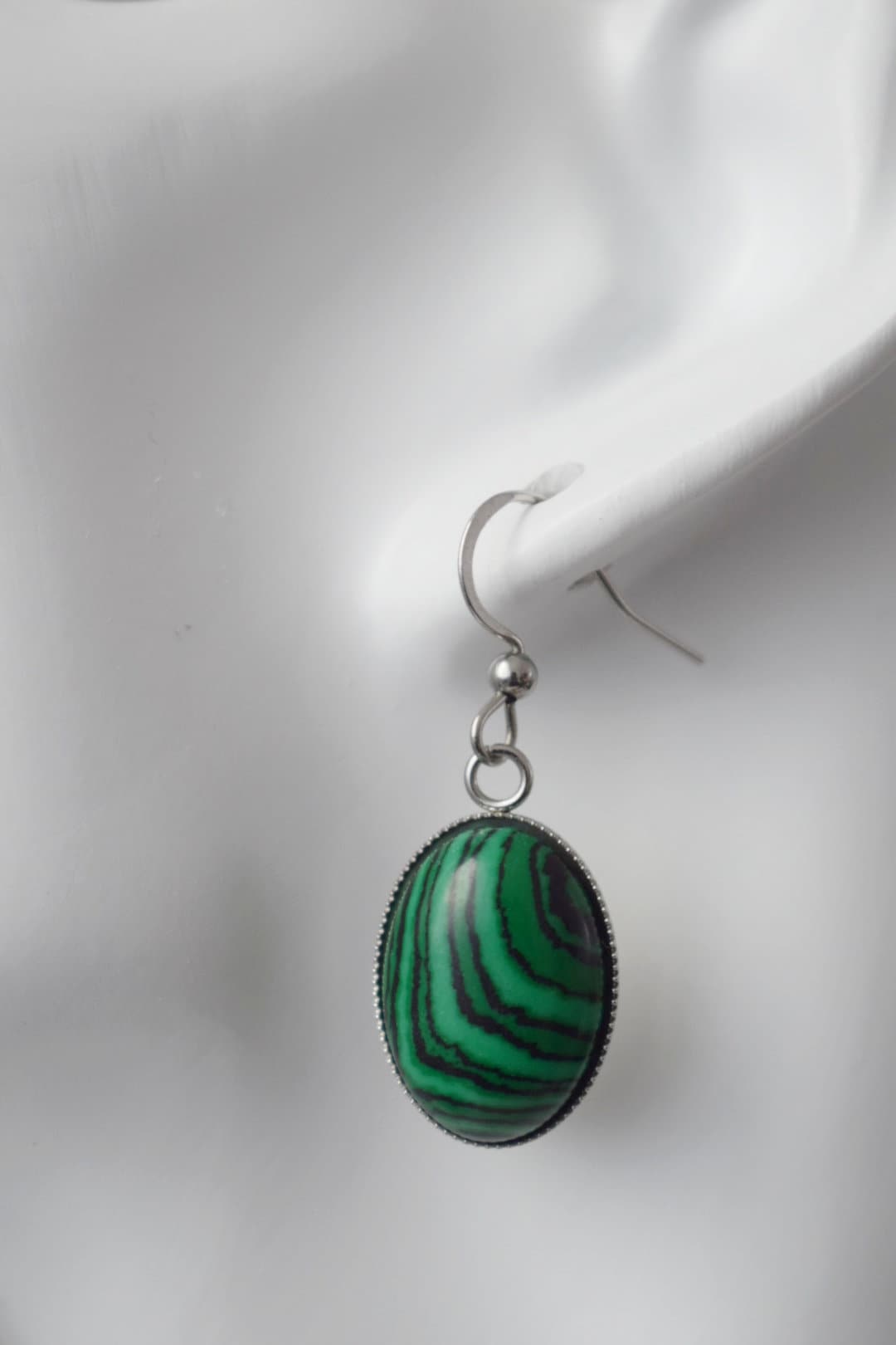 Malachite dangle earrings, Oval green gemstone pendant with stainless steel earrings hooks, Boho jewelry, Christmas gift for her