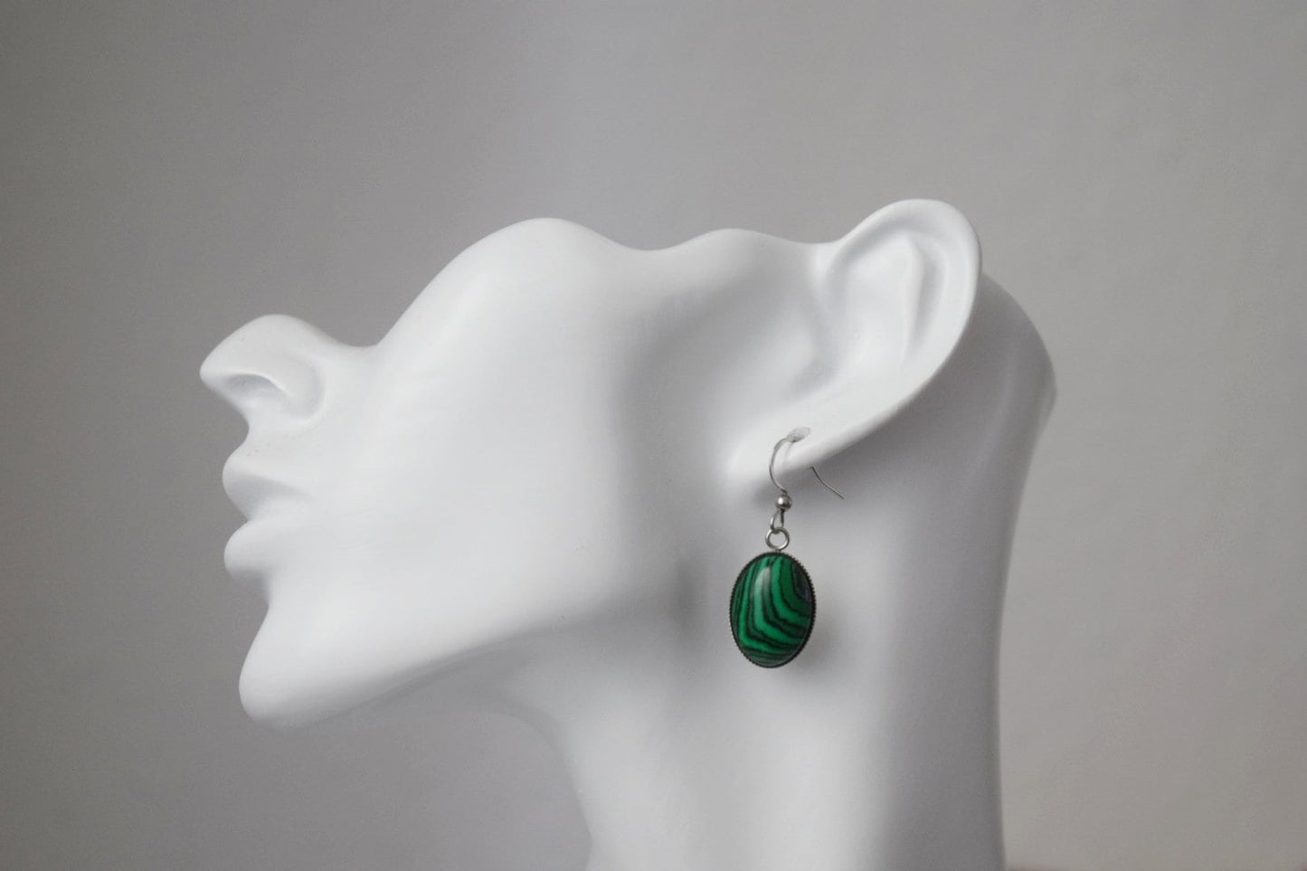 Malachite dangle earrings, Oval green gemstone pendant with stainless steel earrings hooks, Boho jewelry, Christmas gift for her