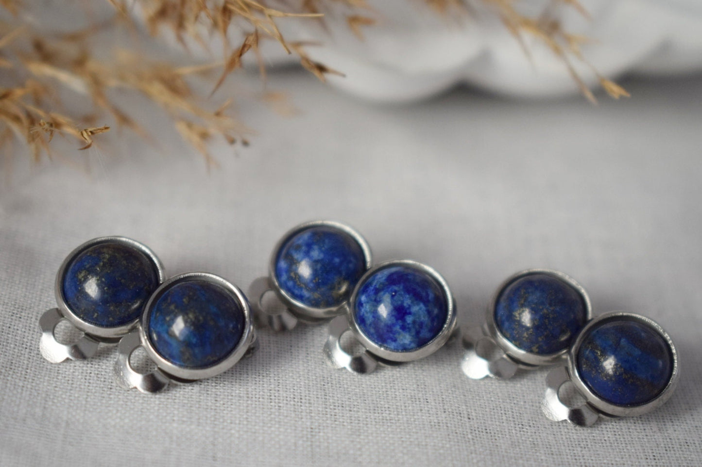Lapis Lazuli Clip On Earrings, Stainless Steel, No Piercing Jewellery