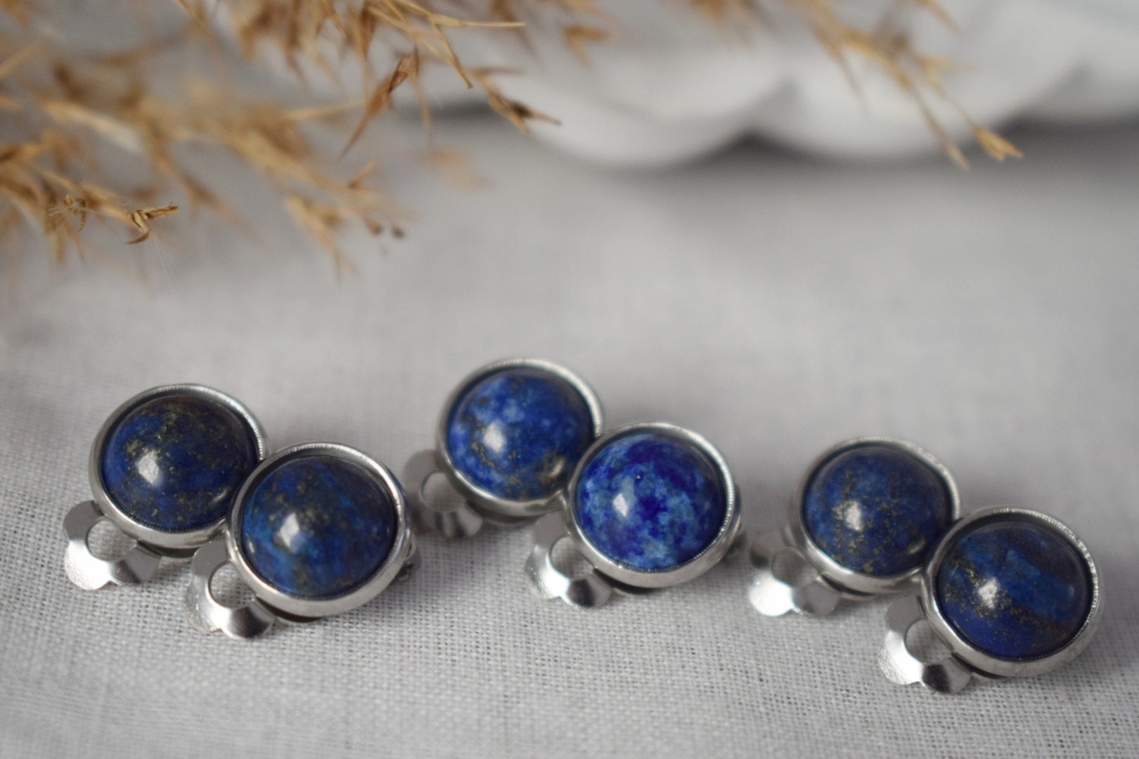 Lapis Lazuli Clip On Earrings, Stainless Steel, No Piercing Jewellery