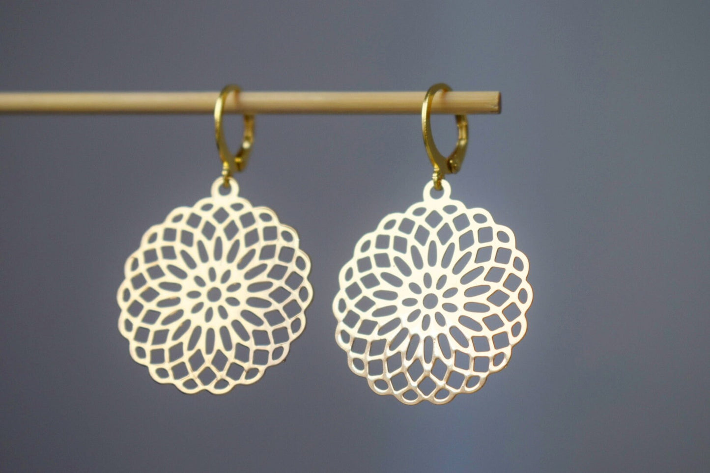 Filigree Mandala Earrings, Gold Boho Dangles jewellery