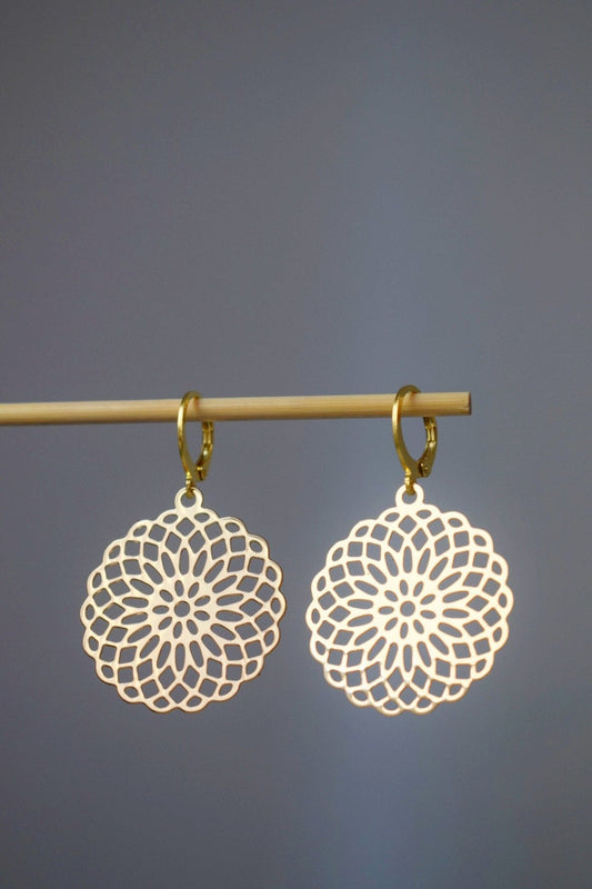 Filigree Mandala Earrings, Gold Boho Dangles jewellery