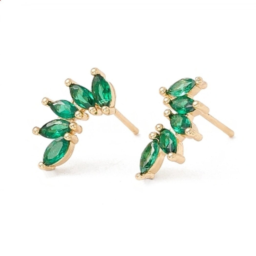 Green Leaf Earrings: 18K Gold Plated Cubic Zirconia Studs Jewelry
