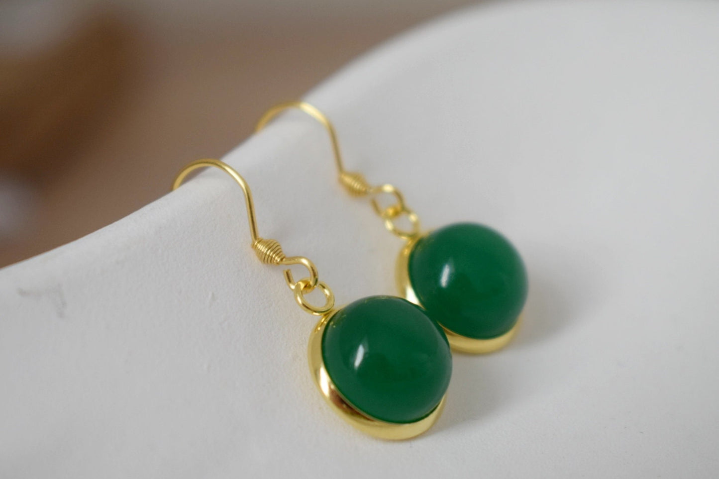 Jade Green Earrings, Gemstone round pendant earrings, 12mm stone dangle earrings, 18k Gold plated stainless steel jewelry, Best Gift for her