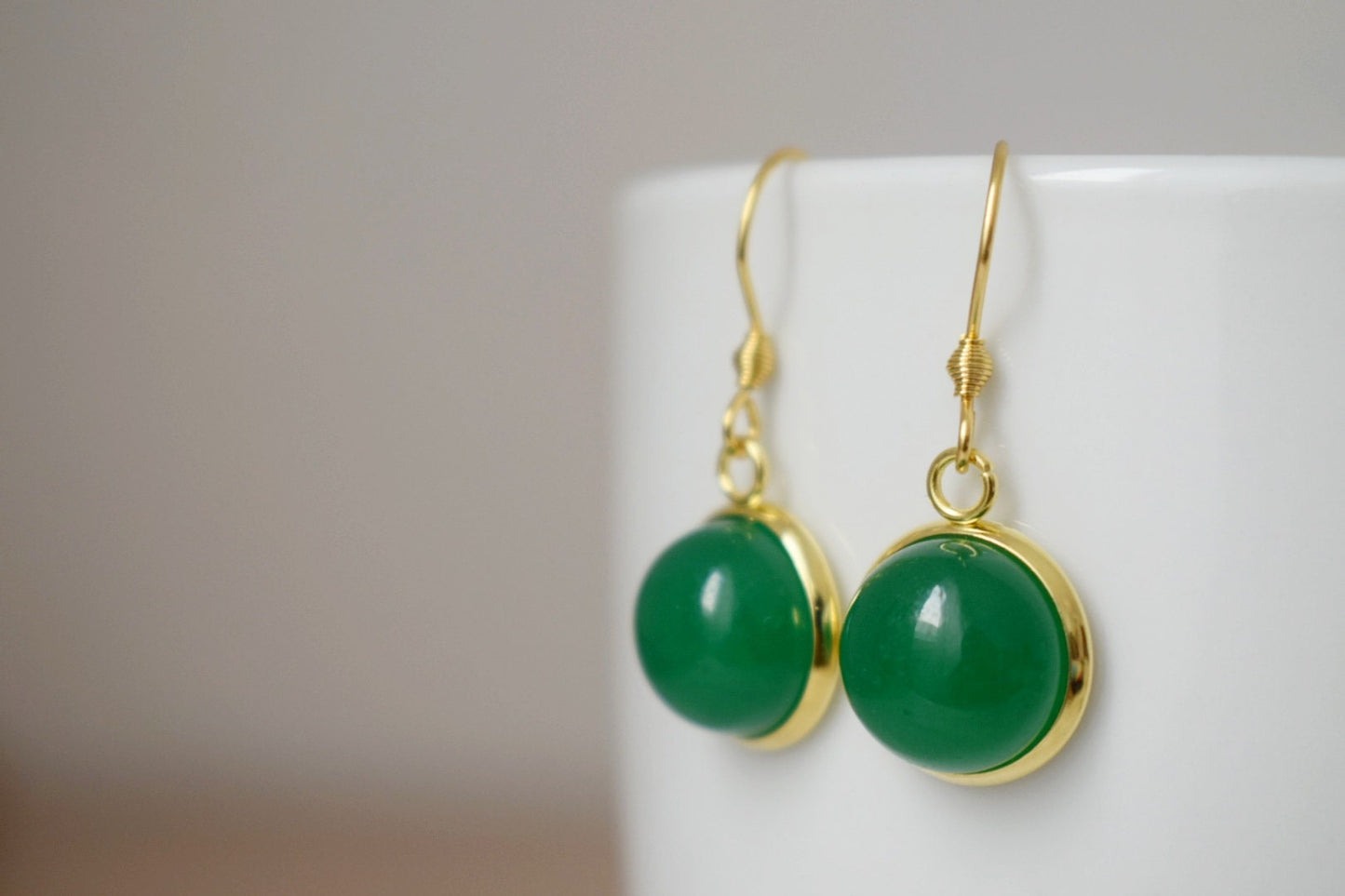 Jade Green Earrings, Gemstone round pendant earrings, 12mm stone dangle earrings, 18k Gold plated stainless steel jewelry, Best Gift for her