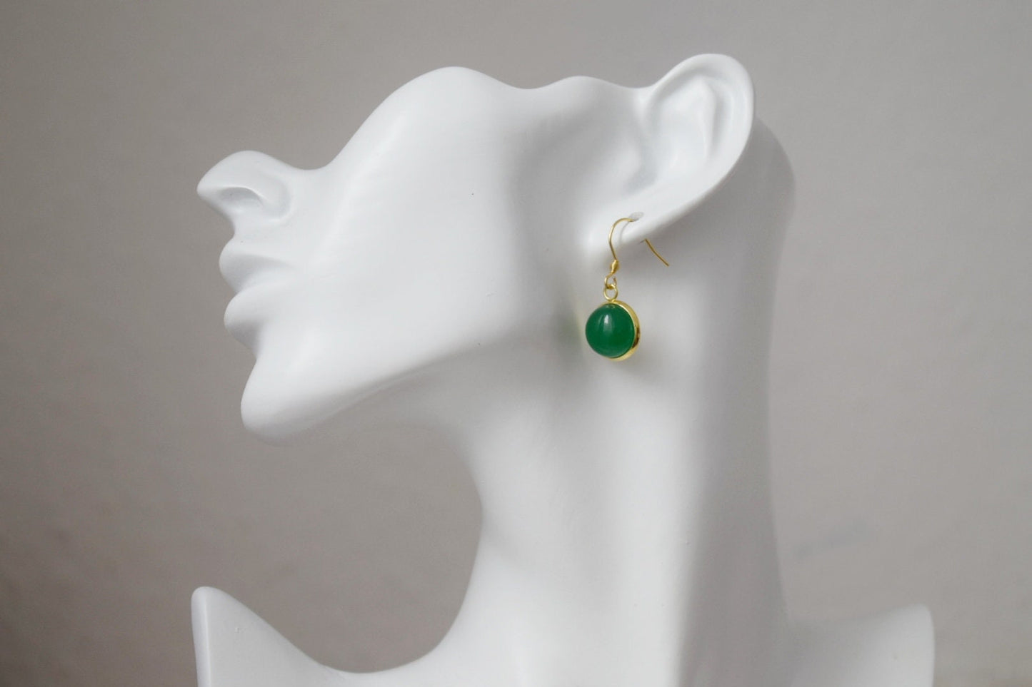 Jade Green Earrings, Gemstone round pendant earrings, 12mm stone dangle earrings, 18k Gold plated stainless steel jewelry, Best Gift for her