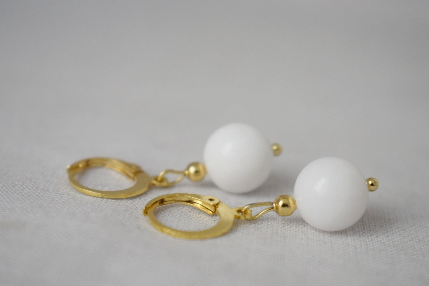 White jade earrings, gemstone golden jewelry