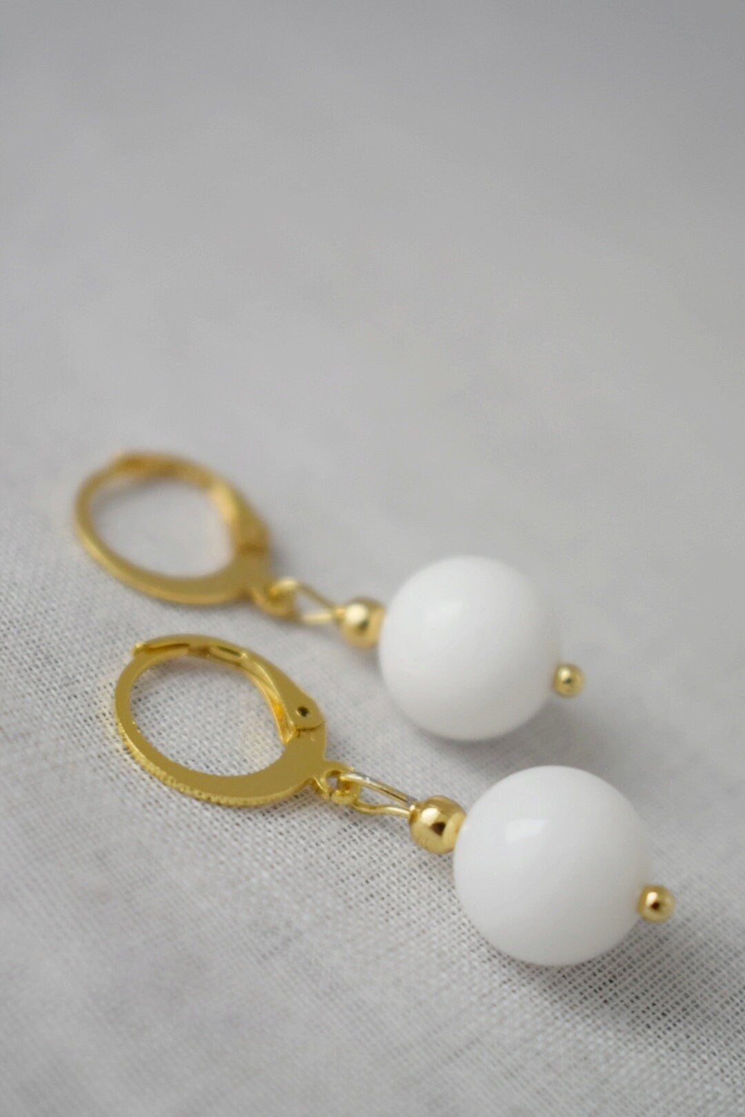 White jade earrings, gemstone golden jewelry