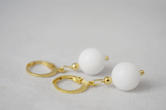 White jade earrings, gemstone golden jewelry