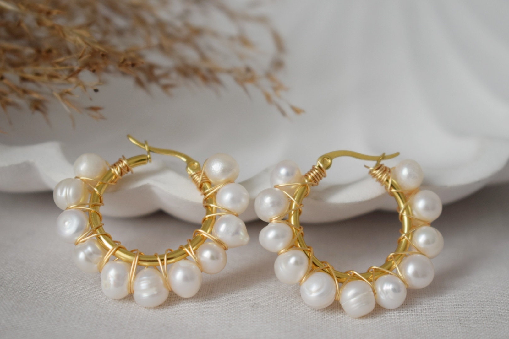 Gold Pearl Hoop Earrings: Dangle Bridesmaid Huggie Jewelry