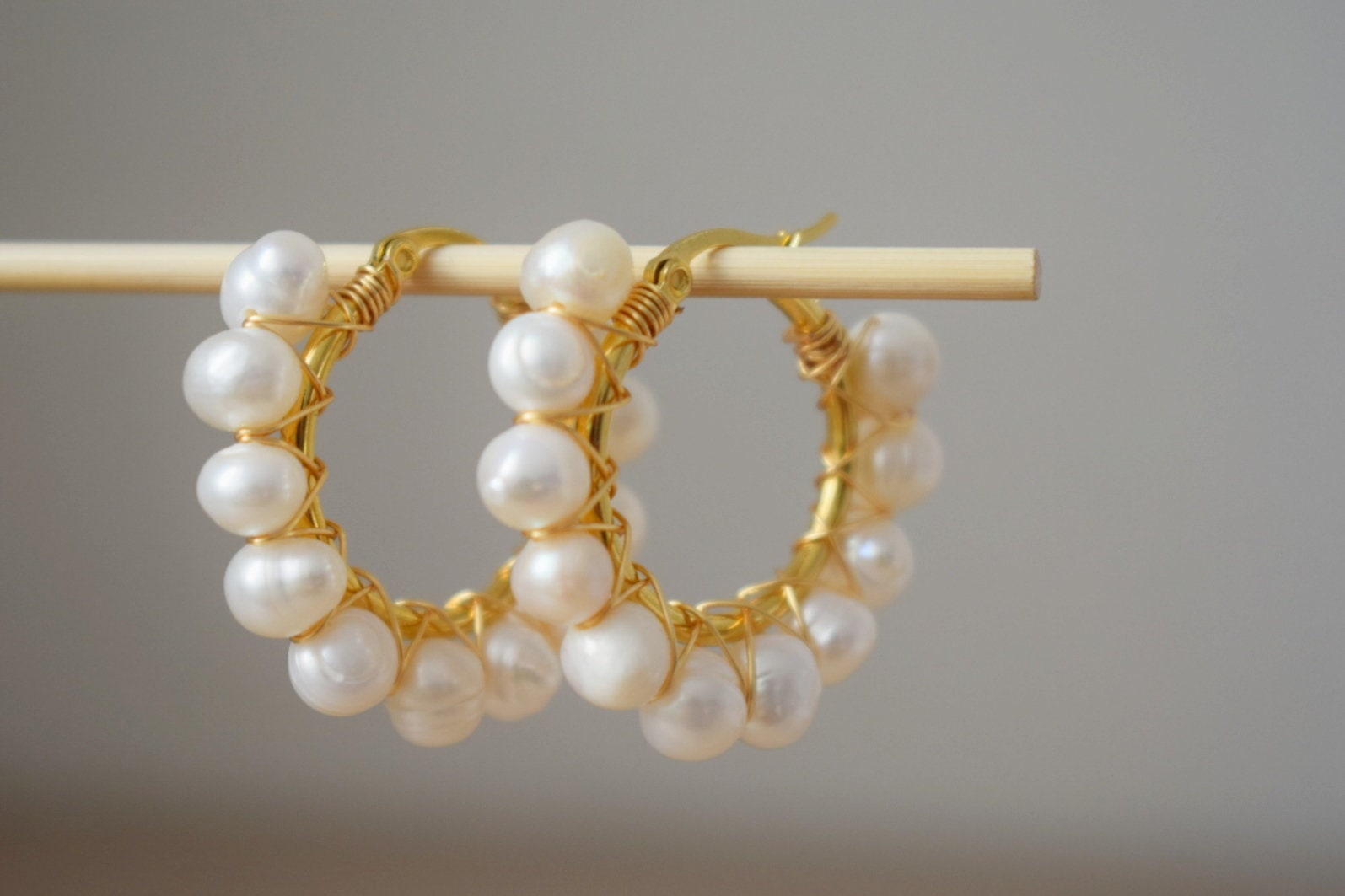 Gold Pearl Hoop Earrings: Dangle Bridesmaid Huggie Jewelry