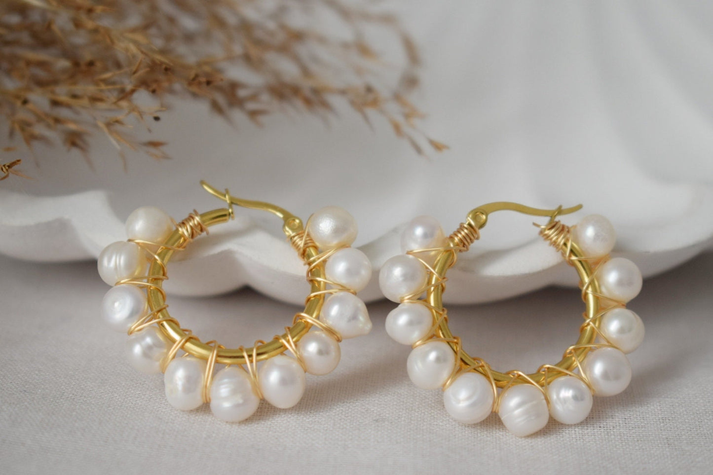 Gold Pearl Hoop Earrings: Dangle Bridesmaid Huggie Jewelry