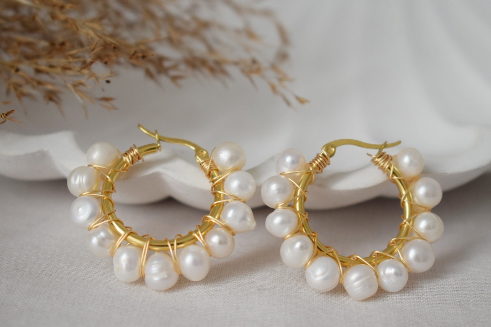 Gold Pearl Hoop Earrings: Dangle Bridesmaid Huggie Jewelry