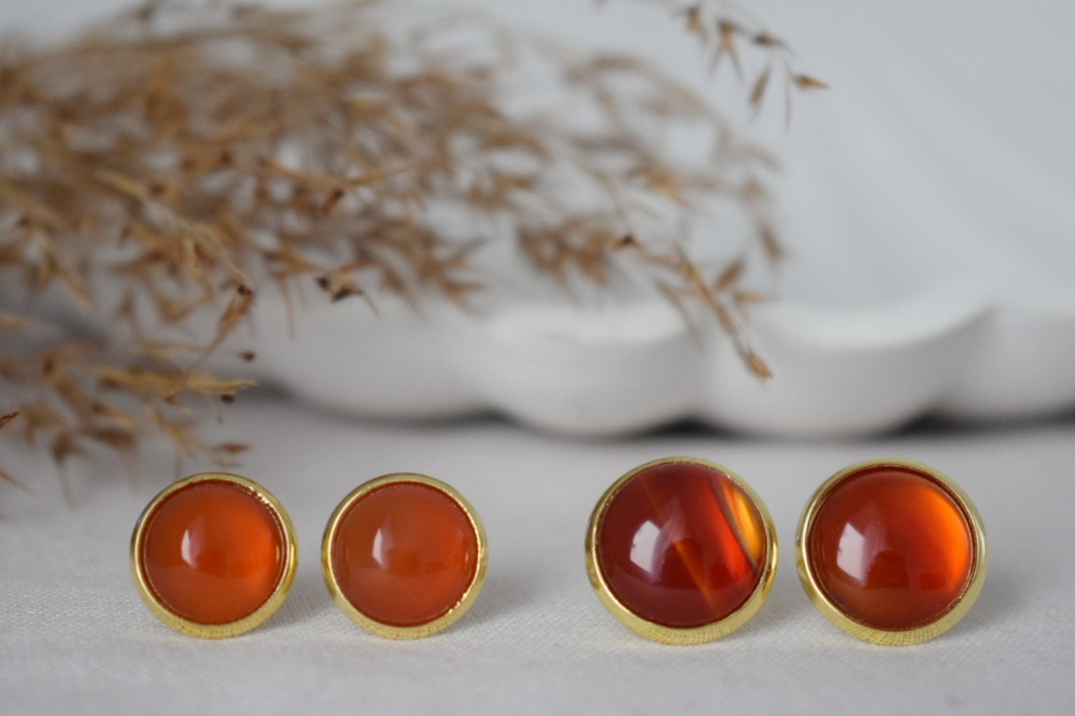 Carnelian Stud Earrings: 18k gold plated Gemstone Round Red Orange jewelry
